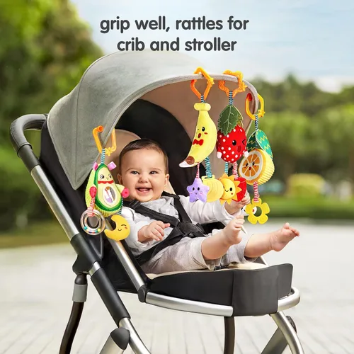 Vista 3 de TUMAMA Juguetes para bebés de 3, 6, 9, 12 meses, sonajeros colgantes de frutas, aguacate, plátano, naranja y fresa, juguetes móviles para cochecito