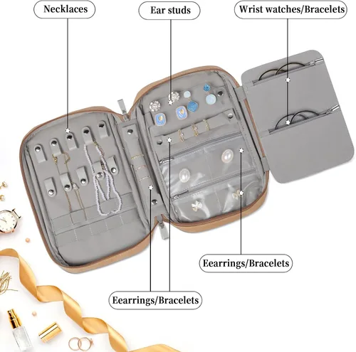 Vista 2 de labato Organizador de viaje para joyas, artículos esenciales de viaje, estuche organizador de viaje delgado, bolsa portátil con cremallera