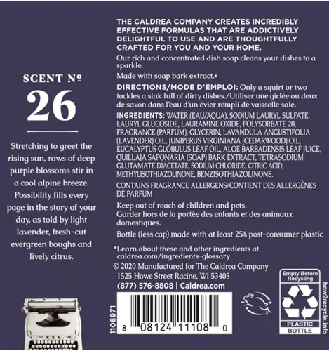 Vista 2 de Caldrea Jabón para platos, líquido biodegradable para lavar platos hecho con corteza de jabón y aloe vera, aroma de hoja de cedro de lavanda, 16