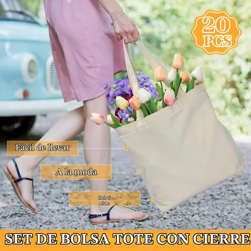Vista 5 de Silkfly 20 Bolsas de Lona a Granel de 16.5x13.4'' Bolsas de Lona de Algodón en Blanco con Asas y Cremallera Reutilizables Lisas para Comestibles