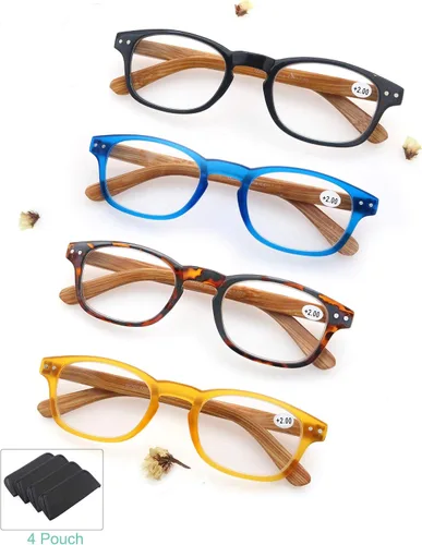 Vista 2 de MODFANS Paquete de 4 gafas de lectura 2.0, con bisagras de resorte de aspecto de madera, elegantes, para hombres y mujeres Paquete de 4