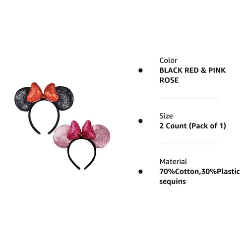 Vista 7 de BCU Mouse - Juego de 2 diademas de lentejuelas con purpurina de mariposa para niños o adultos 3D negro y rosa