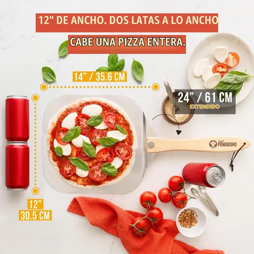 Vista 2 de Pomodoro pala para pizza de aluminio con asa de madera plegable para guardar fácilmente, de 12" x 14", para cocinar pan y pizzas en el hogar