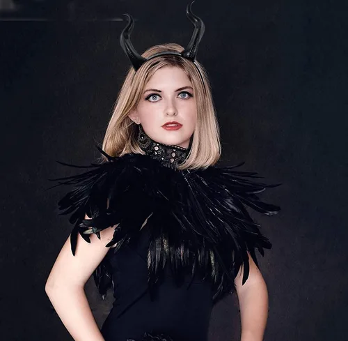 Vista 3 de L'VOW Diadema de cuernos de demonio de bruja negra, tocado malvado de Halloween