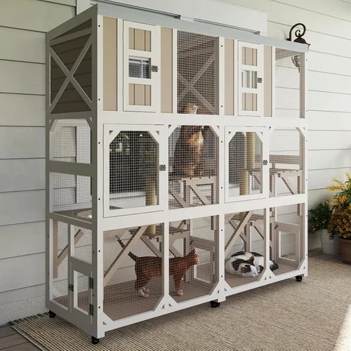Vista 10 de Ketive Catio grande de madera para exteriores de 64", casa para gatos de ventana con ruedas y 3 plataformas, jaula para gatitos con techo resistente
