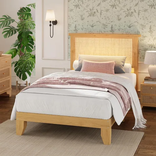 Vista 5 de coucheta Base de cama de ratán individual con cabecera de ratán natural, marco de cama individual con luces LED, cama con cabecero, patas de cama