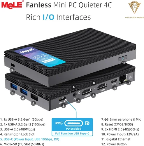 Vista 10 de MeLE Mini PC silencioso 4C sin ventilador, N150 16GB 512GB