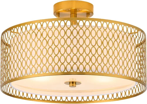 Vista 10 de Lámpara de techo semiempotrada de 17 pulgadas, moderna iluminación de techo E26 de doble tambor de 3 luces con jaula de malla de hierro negro mate