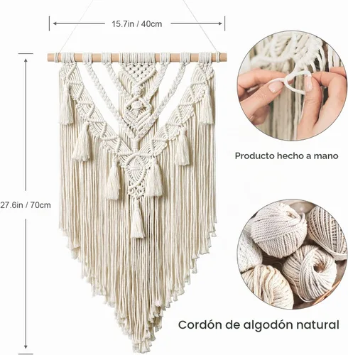 Vista 4 de Dremisland - Tapiz tejido de macramé para colgar en la pared, geométrico estilo boho, beige y gris, de algodón hecho a mano, decoración artística