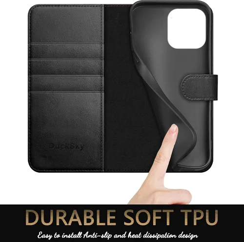 Vista 6 de DuckSky Funda tipo cartera de piel auténtica para iPhone 14 Pro Max de 6.7 pulgadas. Bloqueo RFID. 4 tarjeteros de crédito. 【Cuero auténtico】 Funda