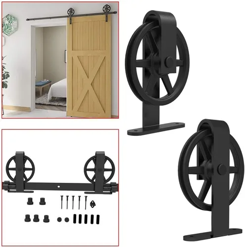 Vista 8 de Kit de rieles de 98-2/5 pulgadas para puerta corrediza de granero, rodillo de rueda negro básico para puertas individuales, sistema de rieles