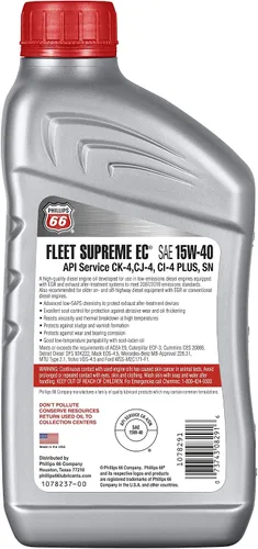 Vista 3 de 1078291 Aceite de motor diesel (Fleet Supreme EC- API CK-4 15W40-1 Quart), 32 onzas líquidas, 1 paquete