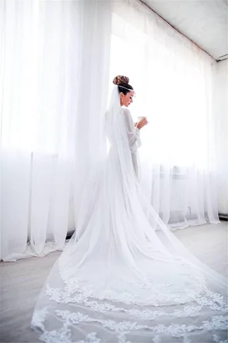 Vista 7 de Velo de boda de una sola capa Lianshi velo de novia bordado de encaje suministros de novia 9.8ft, Blanco