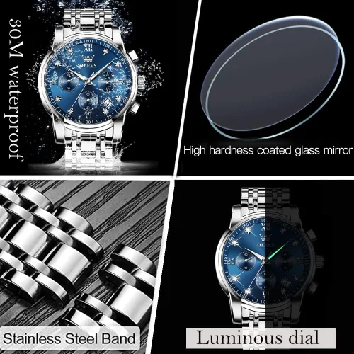 Vista 5 de OLEVS Watch Men Stainless Steel Chronograph Watches for Men Luxury Waterproof with Date Analog Quartz Diamond Business Mens Watch Fashion Luminous