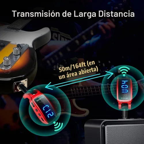 Vista 3 de Sistema inalámbrico de la guitarra, receptor recargable del transmisor de Rojo