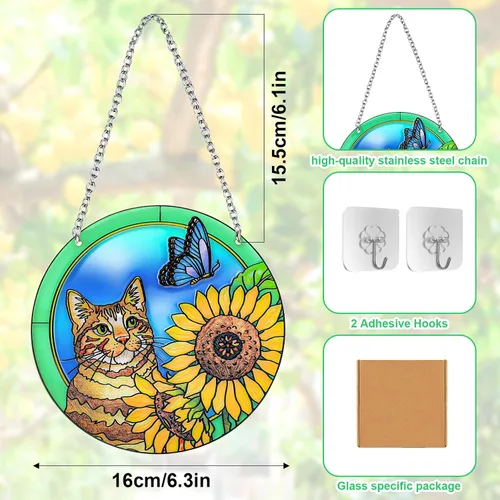 Vista 2 de Colgantes para ventana de vitrales con diseño de gato, girasol de mariposa, hecho a mano, regalo para amantes de los gatos y amantes