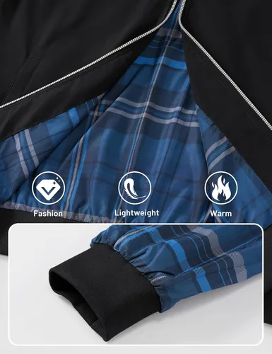 Vista 5 de TACVASEN Chaqueta bomber para hombre, con forro a cuadros, casual, cortavientos, elegante, ligera, para otoño, primavera, chaquetas resistentes al