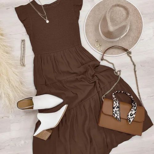 Vista 6 de MEROKEETY - Vestido midi fruncido de manga corta para mujer, vestido de verano casual, acampanado, con cintura elástica y escalonado