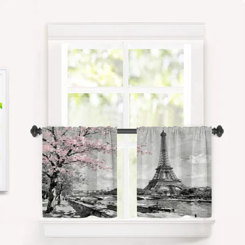Vista 44 de Cortinas opacas de cocina con pintura al óleo de Europa rosa y negra para ventanas, cenefas opacas modernas de torre Eiffel de poliéster multicapa