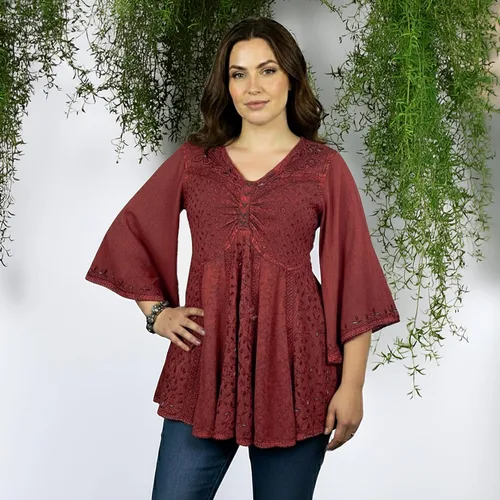 Vista 2 de Agan Traders Blusas bordadas bohemias de primavera 2025 para mujer, con cuentas de mariposa, manga acampanada, tops para mujer