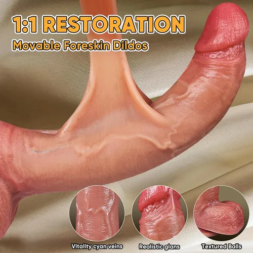 Vista 2 de Juguetes sexuales de 9.8 pulgadas con prepucio móvil para adultos, consolador de silicona de color carne para estimulación clitorial vaginal/anal