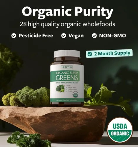Vista 3 de Suplemento orgánico USDA Super Greens – Suplemento orgánico de frutas y verduras para adultos con 28 complejos de superalimentos con raíces