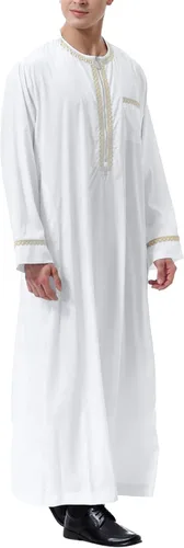 Vista 4 de LVCBL Kaftan para hombres de manga larga Thobe Big and Tall Muslim Clothes Dubai Caftan Gown Blanco
