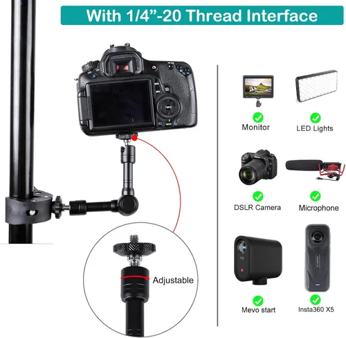 Vista 4 de PellKing Abrazadera de doble abrazadera para cámara, con brazo mágico de 360°, adaptador doble de 1/4 "-20 para paraguas, poste, escritorio