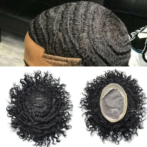 Vista 10 de Afro Curl Black Mens Toupee Afro Americano Unidades de Cabello para Hombres Negros Kinky Rizado Fino Mono Brasileño Cabello Humano Pelucas Hombres