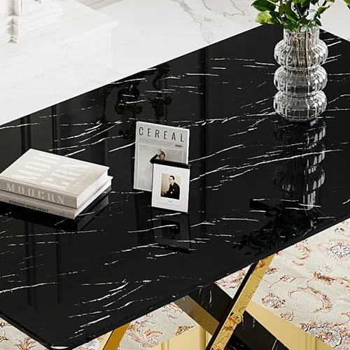 Vista 8 de Juego de Mesa de Comedor de Mármol para 4, Mesa Rectangular Negra de 63 Pulgadas con Marco de Metal Dorado en Forma de X y 4 Sillas de Comedor