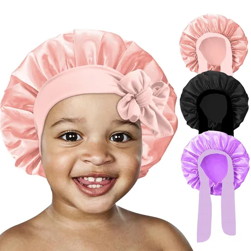 Vista 13 de 3 Piezas Gorros de Seda para Niños para Dormir - Gorro de Satén para Bebé para Dormir, Gorros de Cabello para Niños para Cabello Rizado Niñas Niños