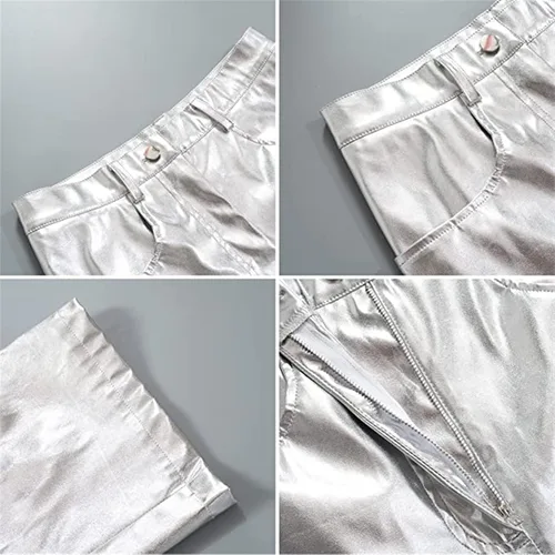 Vista 3 de uhnmki Pantalones plateados metálicos de pierna recta pantalones para mujer cintura alta brillante cintura elástica ropa de calle ropa de club