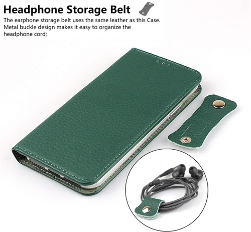 Vista 5 de iCoverCase Compatible con iPhone 11 Pro Max, funda magnética de piel auténtica con bloqueo RFID, correa para la muñeca y ranuras para tarjetas, Verde