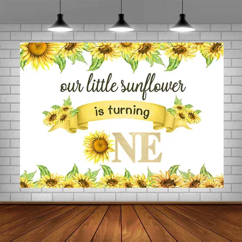 Vista 4 de Telón de fondo de feliz cumpleaños de 7 x 5 pies para bebé, niño y niña, con texto en inglés "Our Little Sunflower is Turning One", fondo blanco