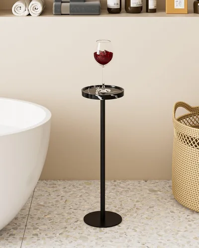 Vista 2 de Mesa de bebida, mesa auxiliar de pedestal pequeña, mesa de cóctel redonda, mesa auxiliar circular con base de metal, para espacios pequeños