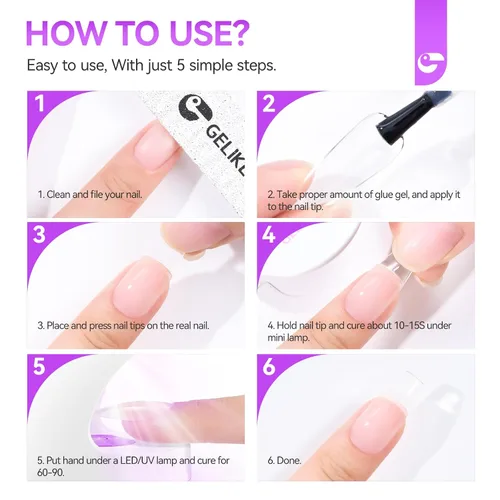 Vista 7 de Gelike EC Peachy Jelly Gel de Pegamento para Uñas - 6 en 1 Uñas Acrílicas Transparentes Extra Fuertes - Adhesivo de Extensión de Larga Duración UV