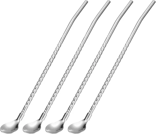 Vista 10 de uxcell Pajitas de cuchara de acero inoxidable, 4 pajitas de metal reutilizables de 8.6 pulgadas con mango largo para batidos y cócteles, color negro