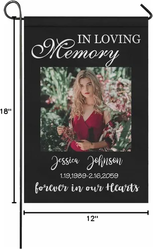 Vista 6 de MyPupSocks Bandera conmemorativa personalizada, en memoria amorosa, bandera de jardín personalizada con nombre de foto, fecha para siempre