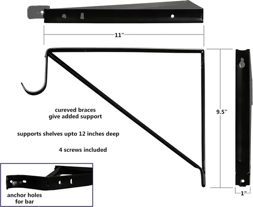 Vista 2 de Harrier Hardware Estante de armario resistente y soporte para barra, negro, paquete de 3