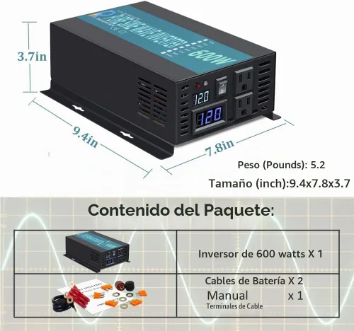 Vista 5 de WZRELB Inversor de Onda Senoidal Pura 600W 12V DC a 120V AC Convertidor de Potencia 1200W de Pico