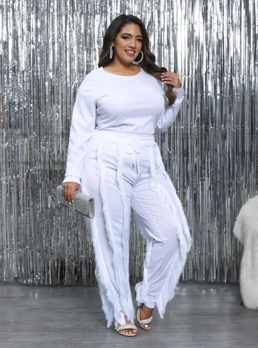 Vista 2 de PRIVIMIX Conjunto de 2 piezas para mujer, talla grande, con flecos, con borlas, pantalones largos, sin mangas, camiseta sin mangas, ropa