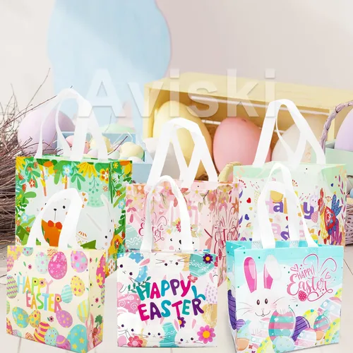 Vista 4 de Aviski 12 bolsas de caza de huevos de Pascua de varios tamaños, bolsa de regalo de huevos de gallina de zanahoria con asas, bolsas de regalo
