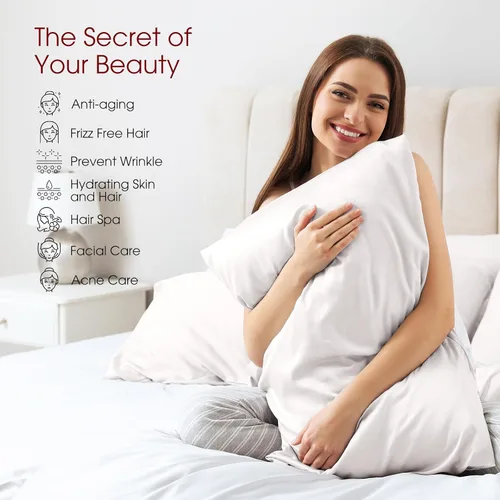 Vista 3 de Juego de 2 fundas de almohada 100% seda de morera tamaño Queen para cabello y piel, juego de 2 seda grado más alto 6A, suave, transpirable, Blanco