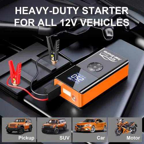 Vista 3 de Arrancador con compresor de aire, 8000 A 180 PSI, batería portátil de coche (todo gasolina/12L diesel) 12 V caja de salto de automóvil cargadores