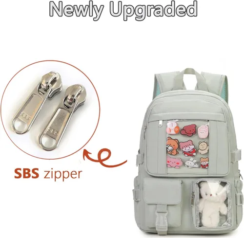 Vista 7 de Mochila Kawaii PRLINJSK para Niñas Adolescentes, Linda Mochila Estética para Escuela Secundaria Superior y Universidad con Accesorios, Verde claro