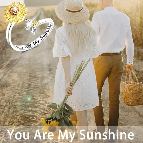 Vista 6 de Sunflower You are My Sunshine Jewelry - Collar de plata de ley 925 con colgante de girasol lindo collar de abeja ajustable, anillo abierto