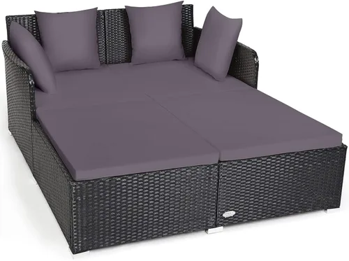 Vista 10 de COSTWAY Sofá Cama de Ratán para Patio Exterior, Sofá de Dos Plazas con Cojines de Esponja y 4 Almohadas, Muebles de Mimbre Cama Solar para Balcón