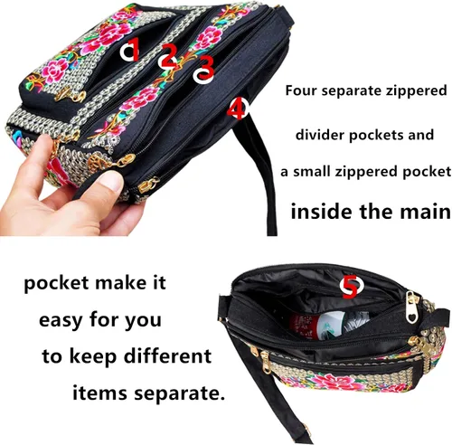 Vista 5 de PHEVOS Bolso bandolera Hobo para mujer, 3 bolsillos con cremallera, estilo vintage, étnico, tribal, bordado, bohemio, hippie