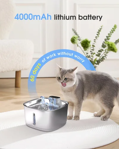 Vista 7 de Fuente de agua inalámbrica para gatos de acero inoxidable, fuente de agua inteligente para mascotas, 3.2L/108 onzas con filtros y 2 cabezales