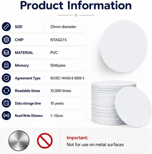 Vista 2 de 50 tarjetas de monedas NFC, tarjetas NFC NTAG215 en blanco, chip NFC rewitable de 0.984 in/1 pulgada, 215 tarjetas compatibles con teléfonos móviles